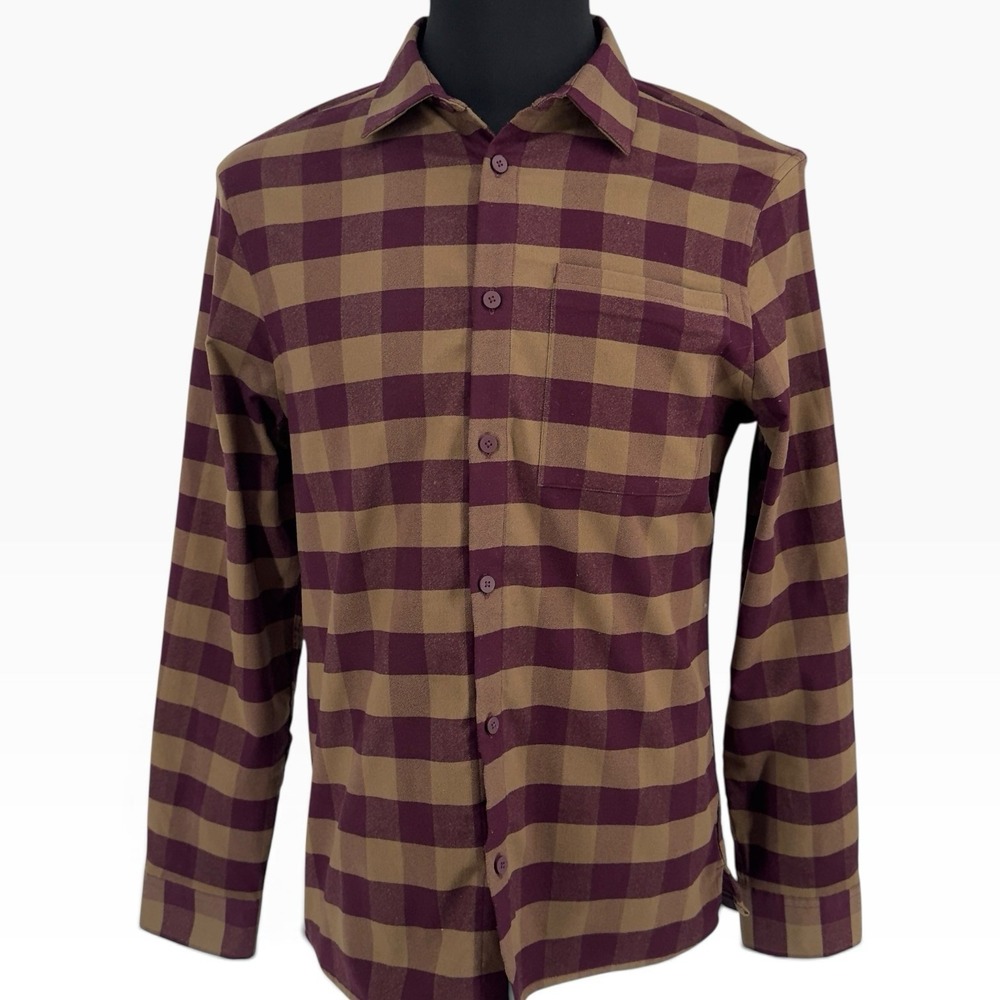 Lululemon Mens Long Sleeve Plaid Button Down Shirt Burgundy Tan Check